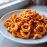 Close-up of ring-shaped pasta coated in a rich, orange Vegan Creamy Roasted Red Pepper Hummus Pasta sauce, seasoned with black pepper.