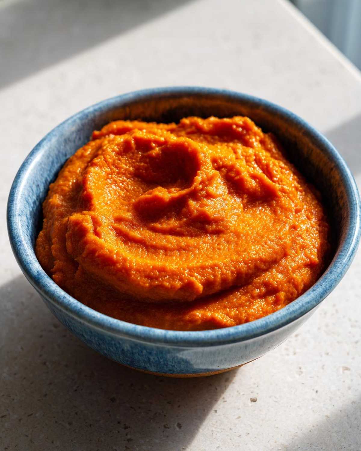 Close-up of bright orange Vegan Creamy Sweet Potato Mac Sauce blended smooth in a rustic blue bowl.
