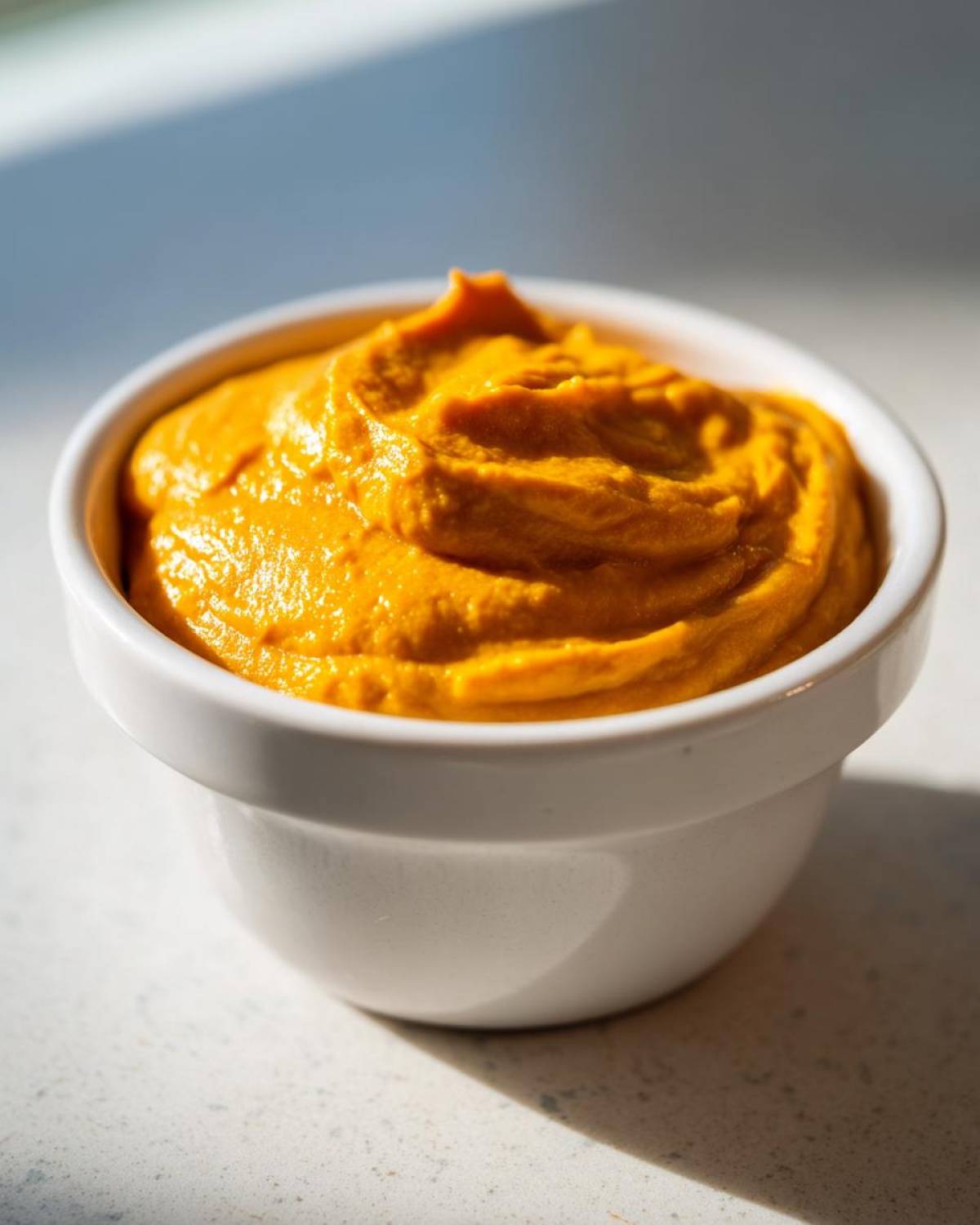 Close-up of vibrant orange Vegan Creamy Sweet Potato Mac Sauce swirled in a small white bowl.