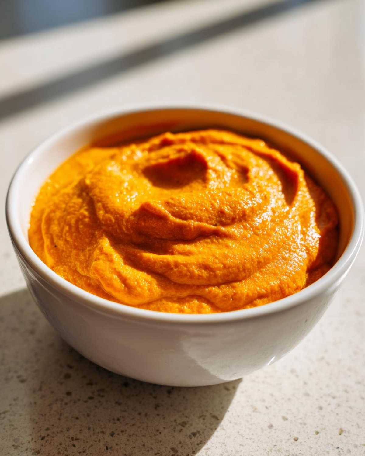 A close-up of bright orange Vegan Creamy Sweet Potato Mac Sauce swirled thickly in a white bowl.