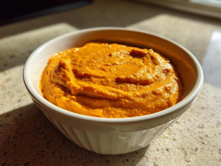A white bowl filled with vibrant orange Vegan Creamy Sweet Potato Mac Sauce, sitting on a speckled countertop.