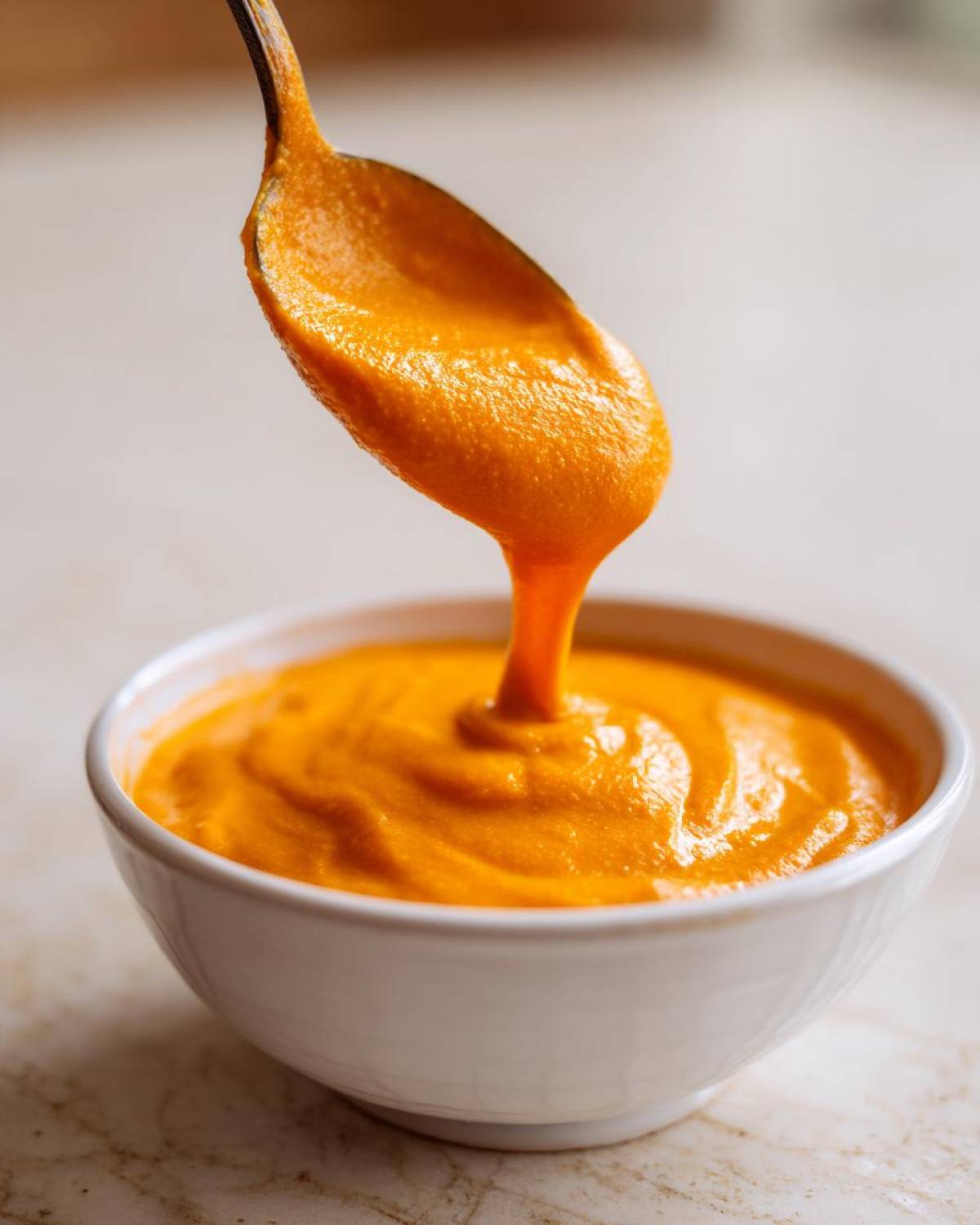 A spoonful of thick, bright orange Vegan Creamy Sweet Potato Mac Sauce being lifted from a white bowl.