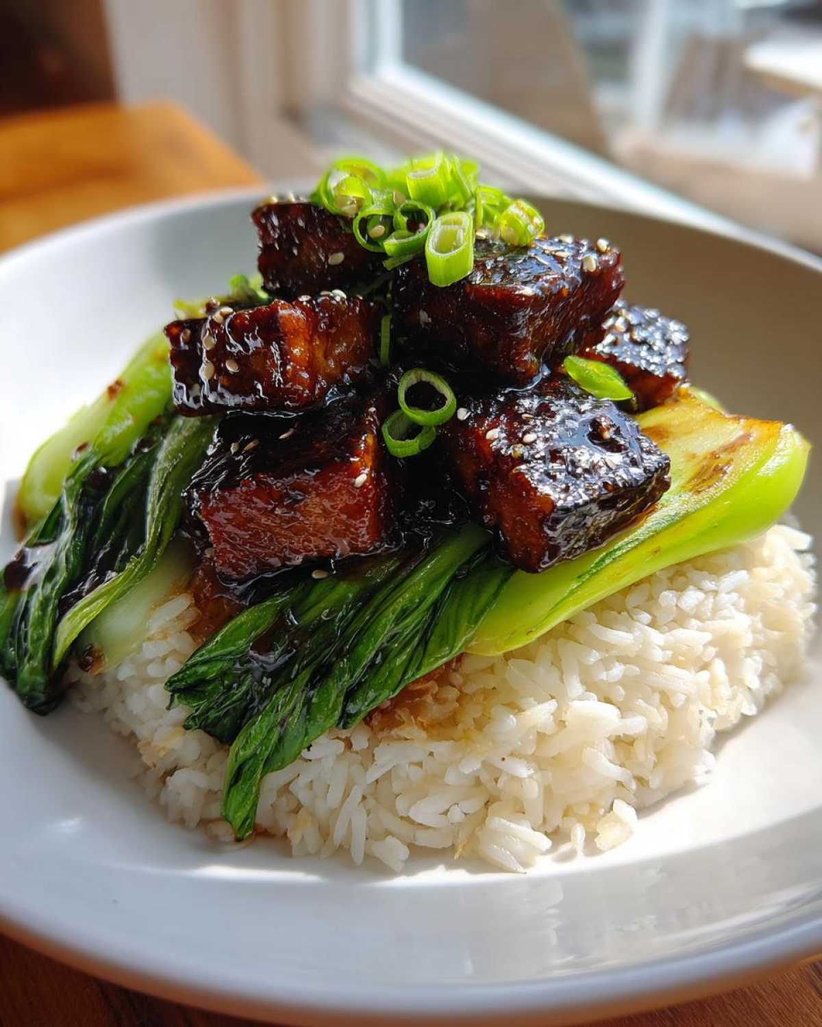 Close-up of a Vegan Crispy Sesame Tempeh Bowl featuring glazed tempeh cubes, bok choy, and white rice, topped with green onions.