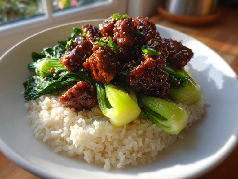 A close-up of a Vegan Crispy Sesame Tempeh Bowl featuring sticky glazed tempeh pieces over white rice and bright green bok choy.