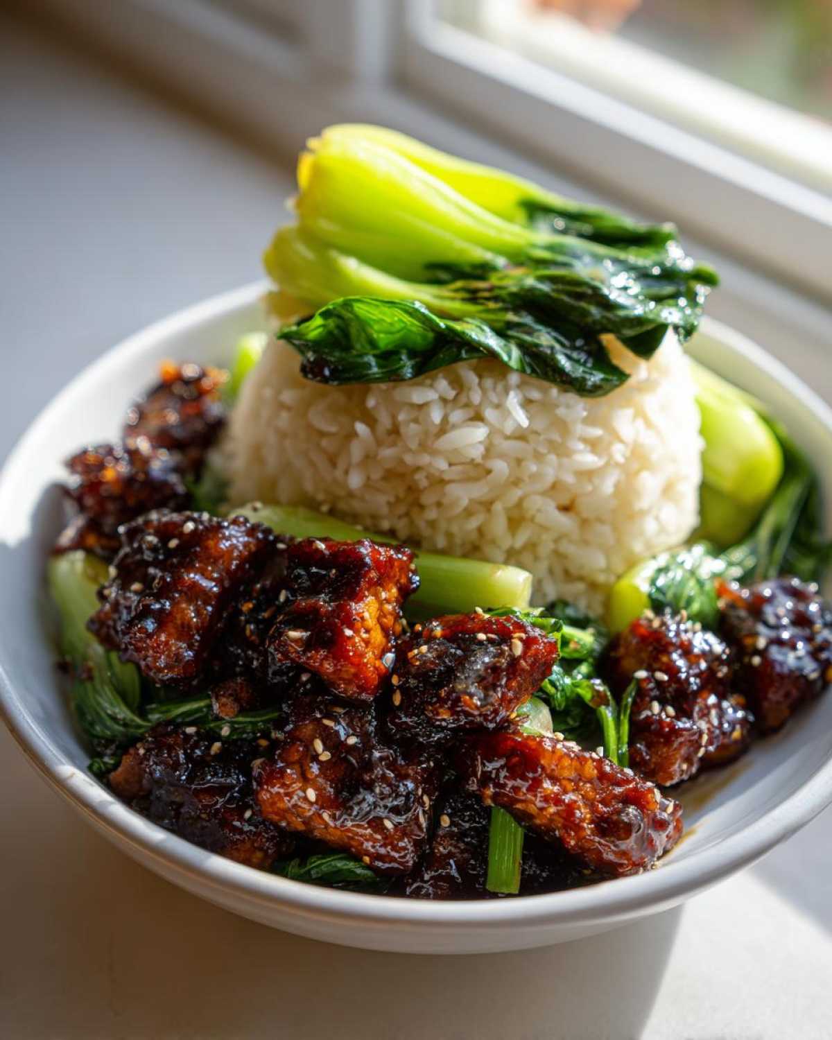 A close-up of a Vegan Crispy Sesame Tempeh Bowl featuring glazed tempeh pieces, steamed rice, and bright green bok choy.