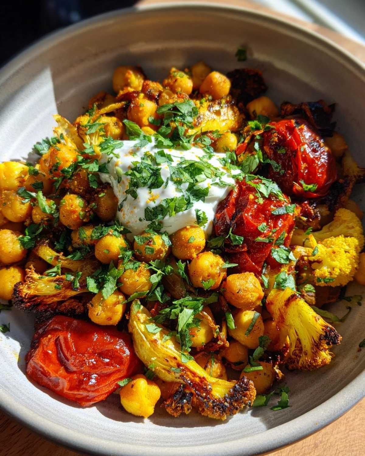 Close-up of a bowl filled with Vegan One-Pan Chickpea Shawarma Sheet Bake, featuring roasted chickpeas, cauliflower, tomatoes, and a dollop of white sauce.
