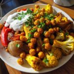 A plate featuring the Vegan One-Pan Chickpea Shawarma Sheet Bake with roasted cauliflower, spiced chickpeas, and a dollop of white sauce.