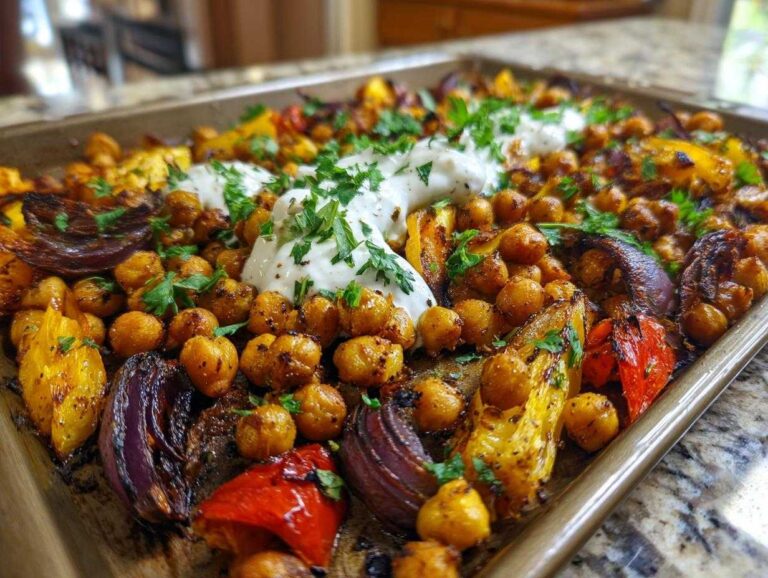 Close-up of a Vegan One-Pan Chickpea Shawarma Sheet Bake with roasted chickpeas, peppers, onions, and a dollop of white sauce.