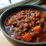 Close-up of a bowl filled with rich Vegan One-Pot Lentil Taco Soup featuring lentils, black beans, and chunks of orange sweet potato or carrot.