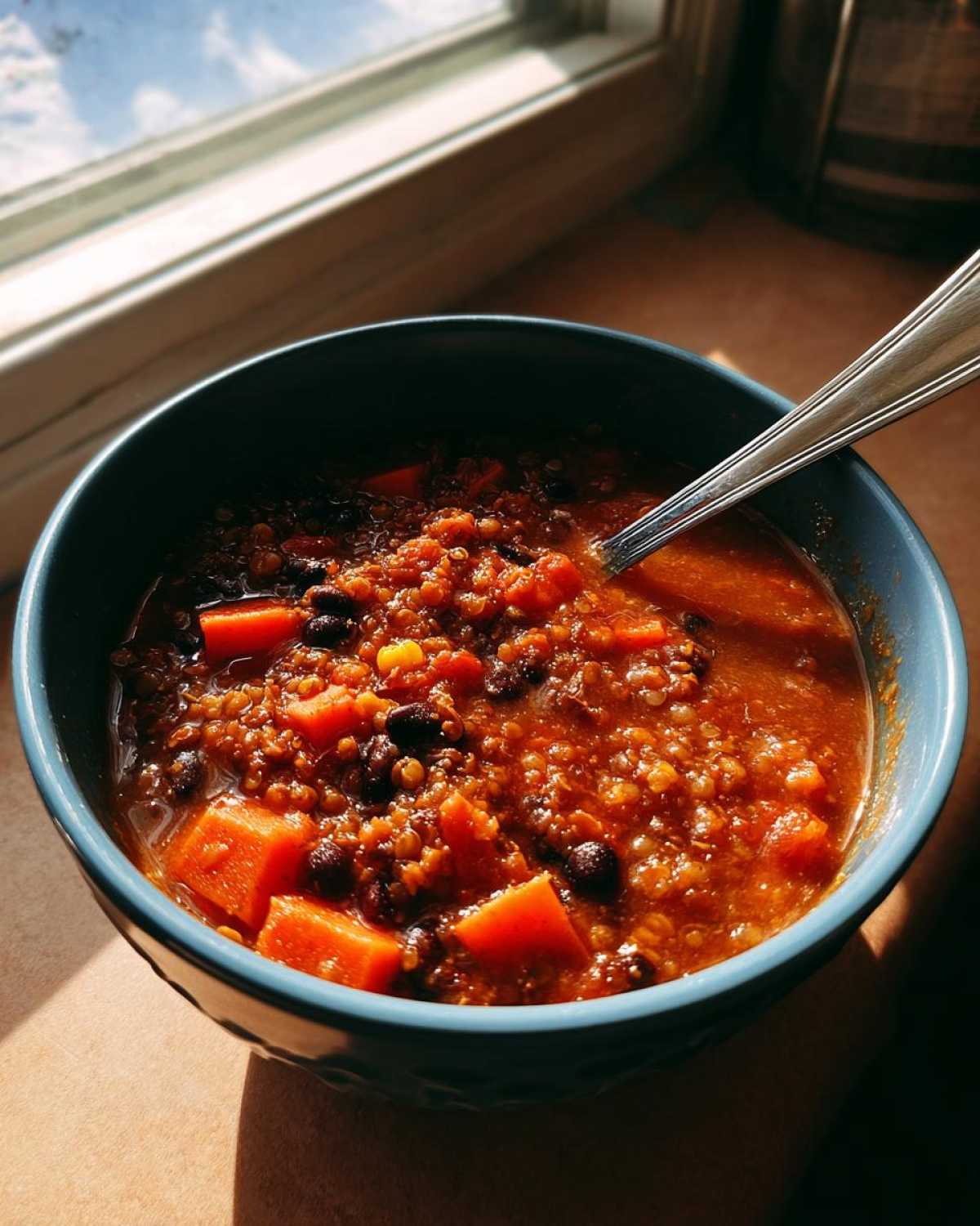A close-up of a hearty bowl of Vegan One-Pot Lentil Taco Soup featuring lentils, black beans, and large chunks of sweet potato or carrot.