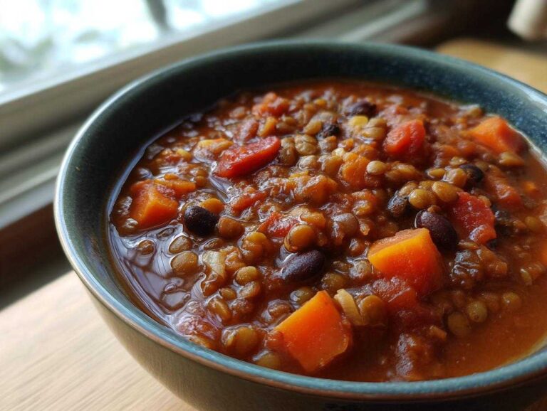 Close-up of a bowl filled with rich Vegan One-Pot Lentil Taco Soup featuring lentils, black beans, and chunks of orange sweet potato or carrot.