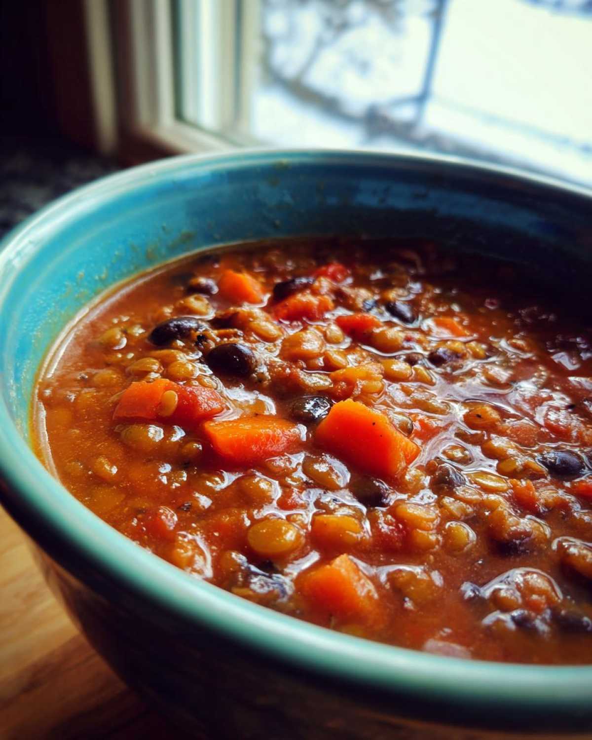 Close-up of hearty Vegan One-Pot Lentil Taco Soup with visible lentils, black beans, and chunks of carrot in a bright blue bowl.