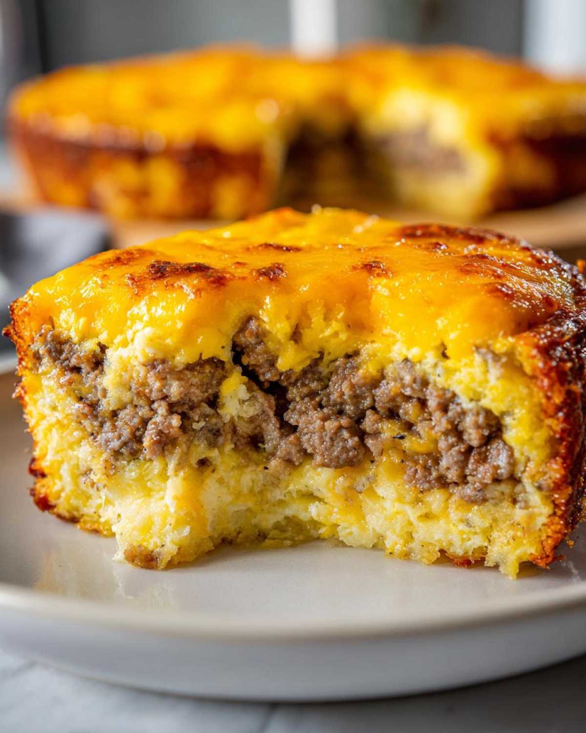 A close-up, partially eaten slice of Amazing Breakfast Casserole featuring a thick layer of seasoned ground sausage surrounded by baked egg and topped with melted cheddar cheese.