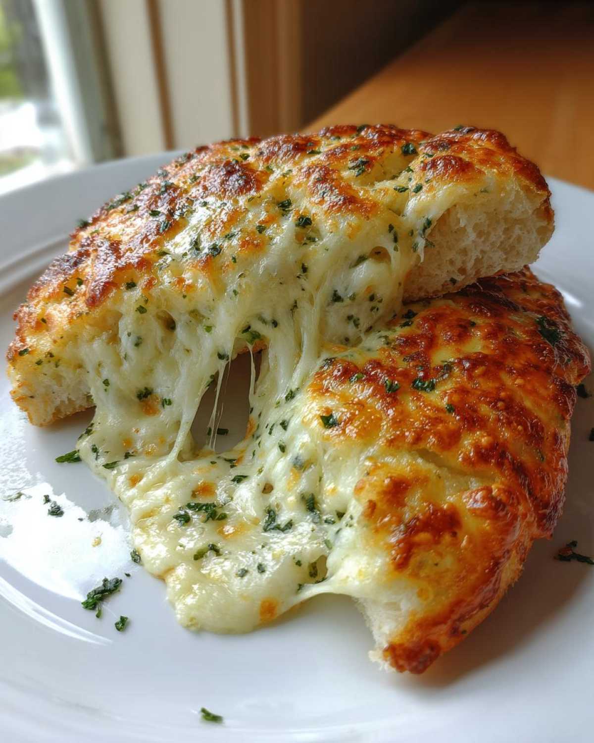 Close-up of freshly baked Cheese Bread showing extreme, gooey cheese pull and golden-brown topping.