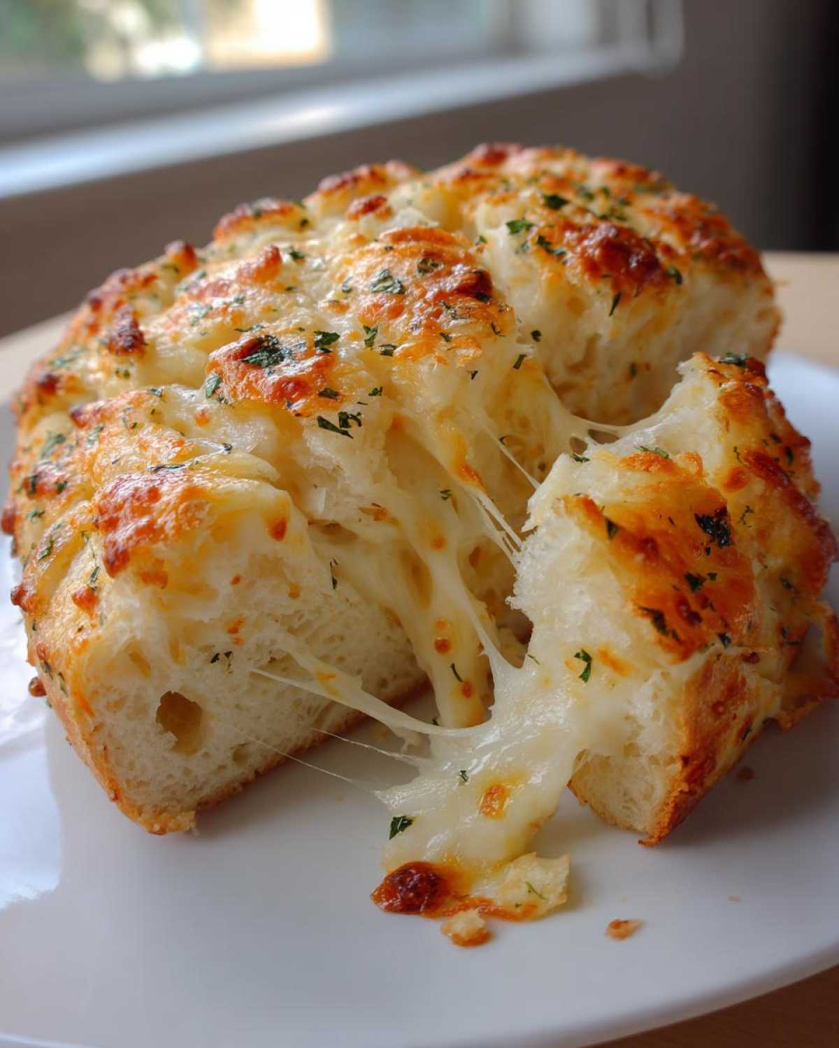 Close-up of freshly baked Cheese Bread being pulled apart, showing long, gooey cheese stretches and a golden, herbed crust.