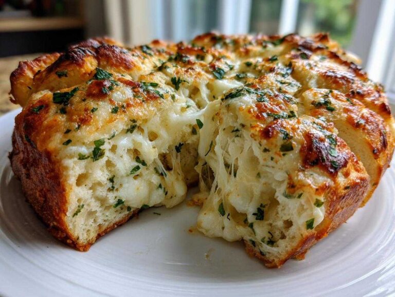 Close-up of freshly baked Cheese Bread with melted, stretching mozzarella and herbs on top.