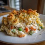 Close-up of a serving of creamy Chicken Noodle Casserole topped with golden breadcrumbs and garnished with parsley.