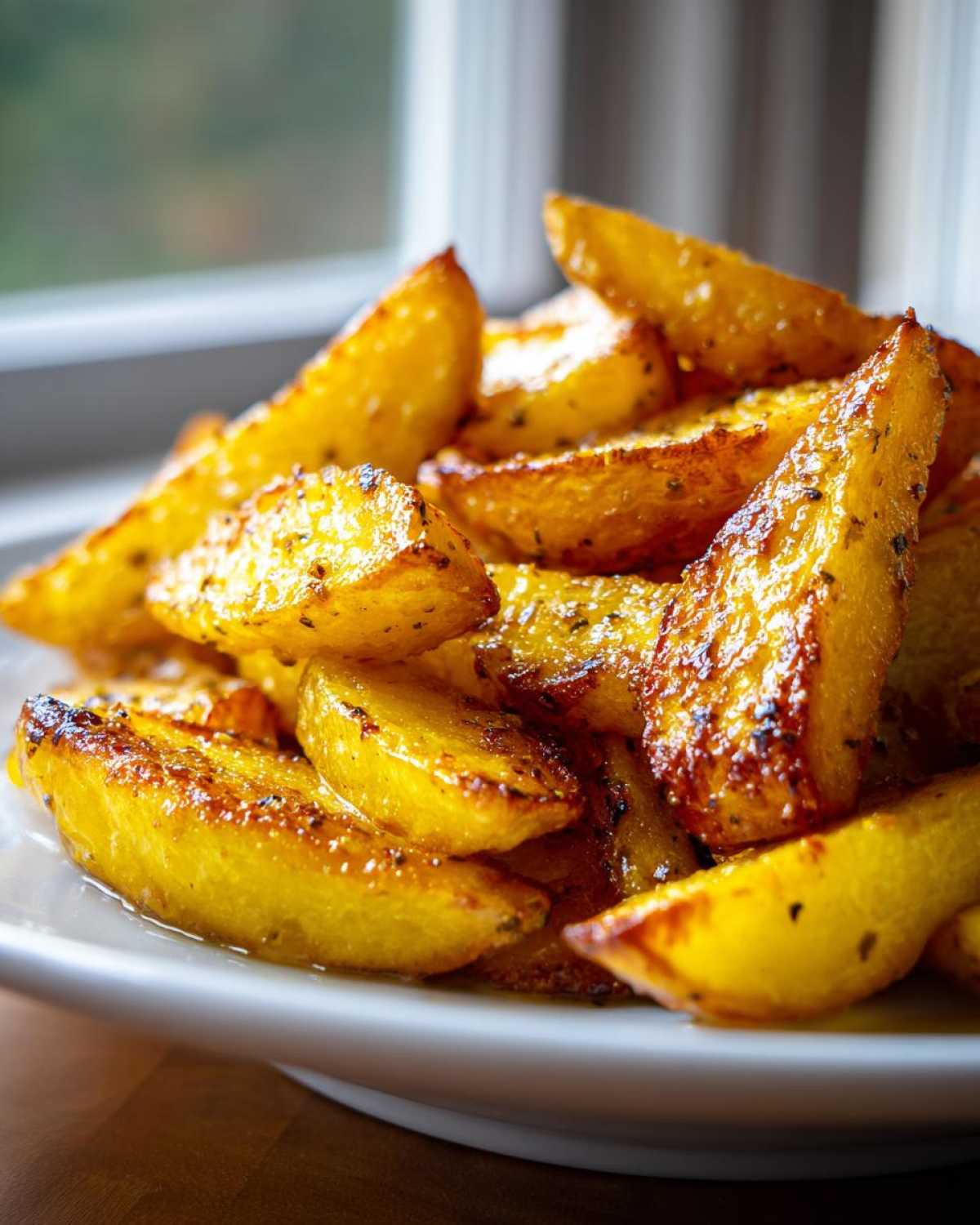 Close-up of perfectly roasted Amazing Greek Lemon Potatoes, glistening with lemon juice and herbs.