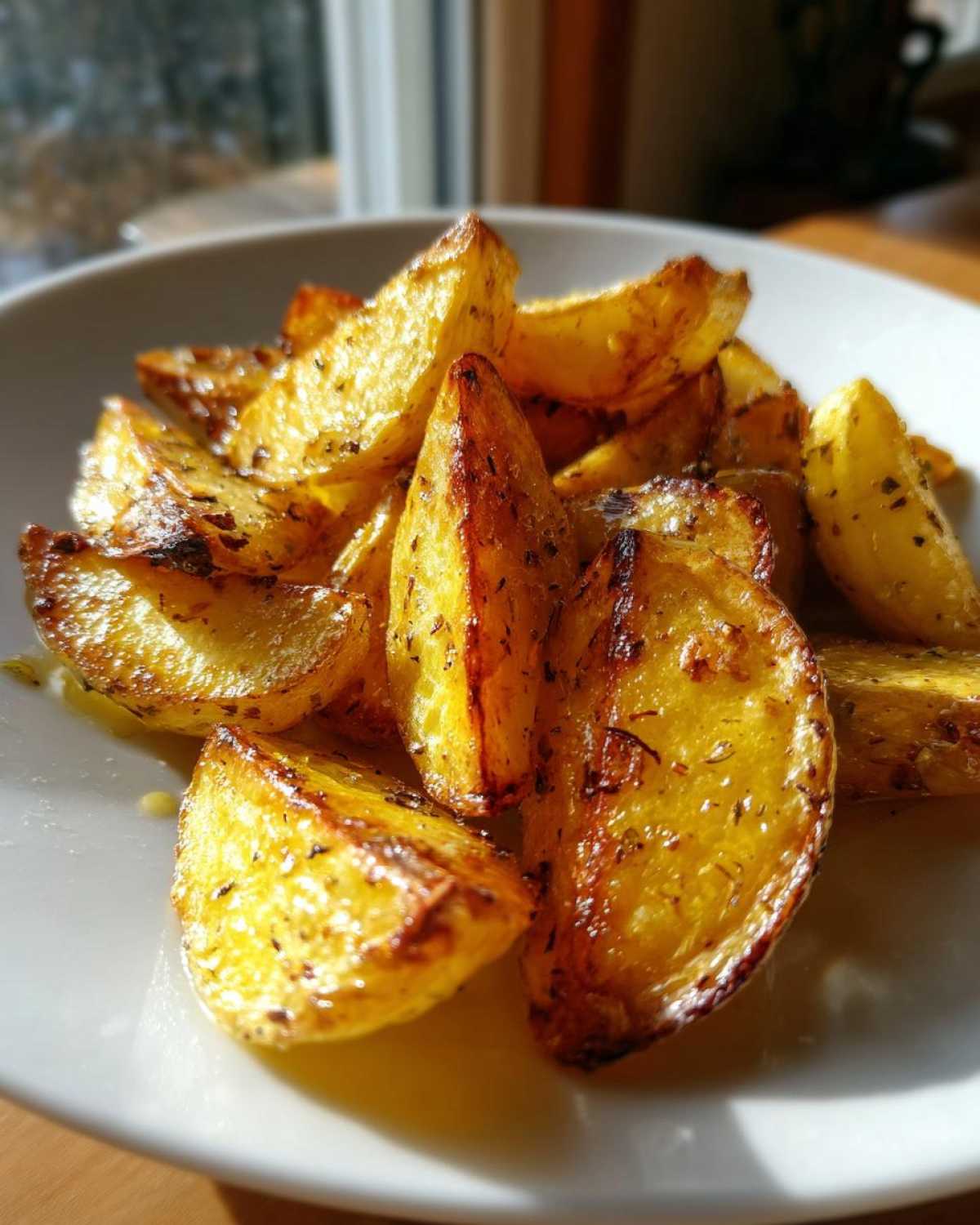 Close-up of perfectly roasted Amazing Greek Lemon Potatoes, golden brown and seasoned, served on a white plate.