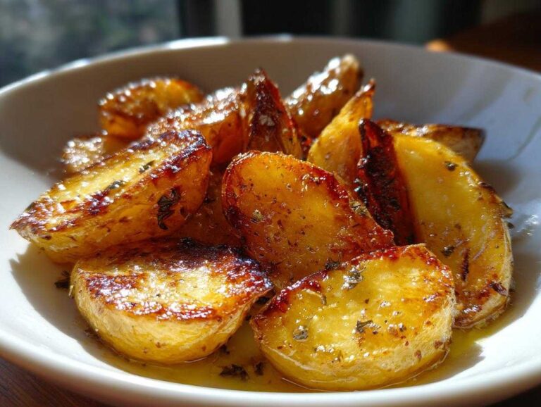 Close-up of perfectly roasted Amazing Greek Lemon Potatoes, glistening with lemon juice and herbs in a white bowl.