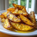 Close-up of golden, roasted Amazing Greek Lemon Potatoes, glistening with lemon juice and herbs.