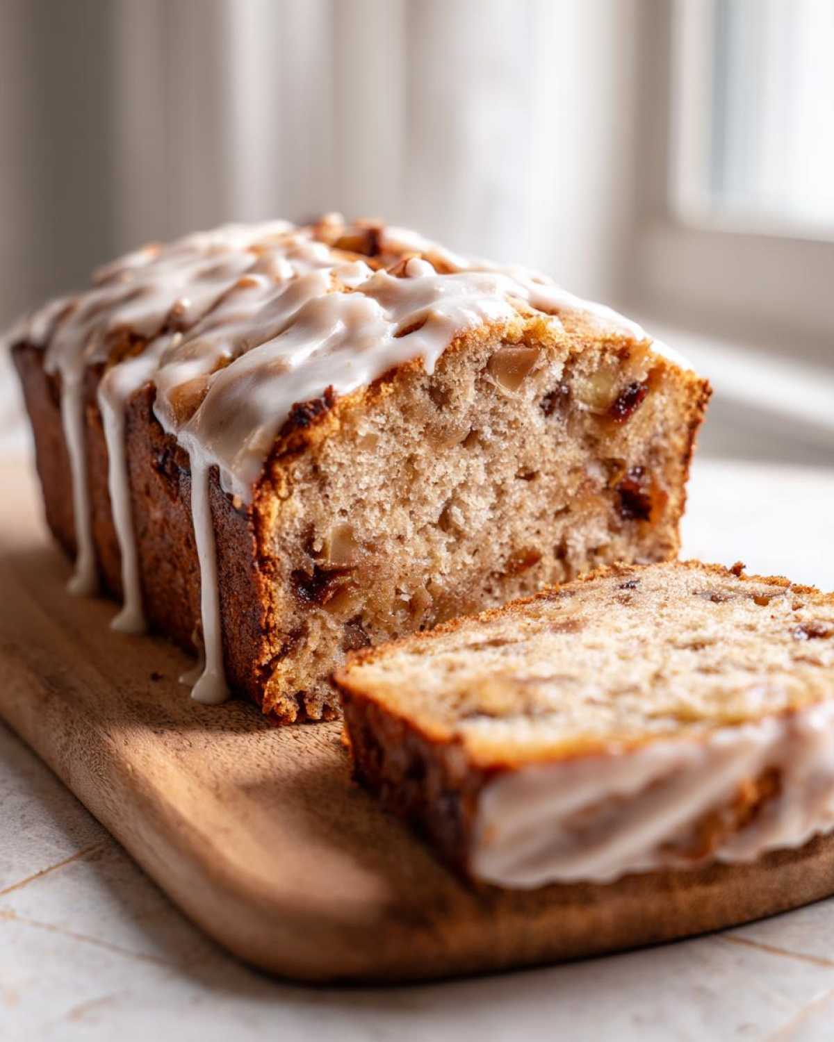A loaf of Amish Apple Fritter Bread, drizzled with white glaze, with one slice cut and resting beside it on a wooden board.