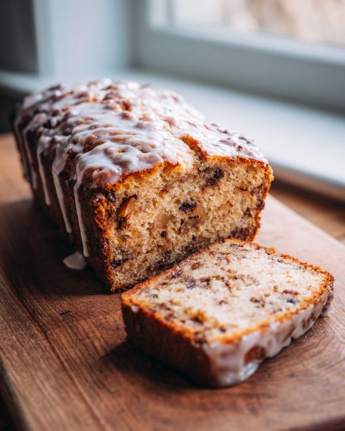 A loaf of Amish Apple Fritter Bread, drizzled with white glaze, with one slice cut and resting beside it on a wooden board.