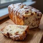 A loaf of Amish Apple Fritter Bread, drizzled with white icing, with one slice cut and resting in front.