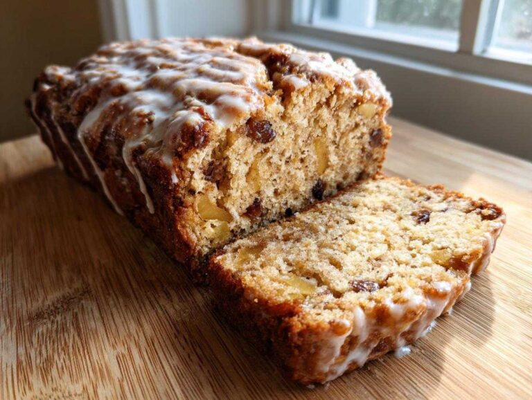 A loaf of Amish Apple Fritter Bread, partially sliced, showing apples and raisins inside, topped with a white glaze.