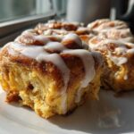 Close-up of a soft, glazed Banana Bread Cinnamon Rolls Dessert sitting on a white plate in sunlight.