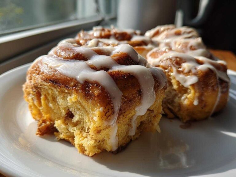Close-up of a soft, glazed Banana Bread Cinnamon Rolls Dessert sitting on a white plate in sunlight.