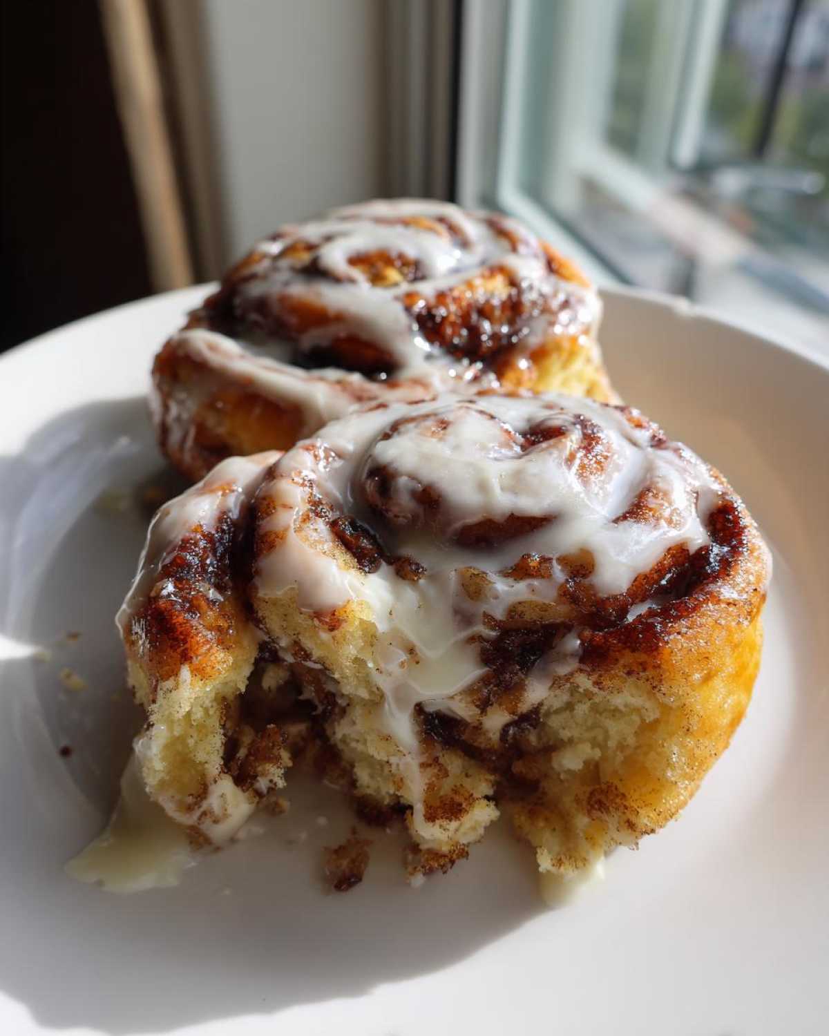 Two gooey Banana Bread Cinnamon Rolls Dessert topped with white icing on a white plate.