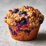 A close-up, appetizing shot of a freshly baked Blueberry Oat Muffins No Flour with a crumbly oat topping.