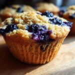 A close-up of one golden-brown Blueberry Oat Muffins No Flour, topped with bursting blueberries, resting on a wooden surface.