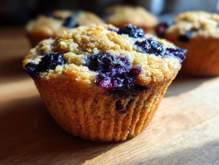 Amazing 6 Ingredient Blueberry Oat Muffins No Flour A close-up of one golden-brown Blueberry Oat Muffins No Flour, topped with bursting blueberries, resting on a wooden surface.