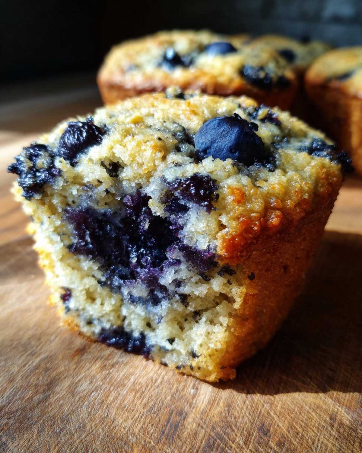 Close-up of a halved Blueberry Oat Muffins No Flour showing moist interior packed with blueberries on a wooden surface.