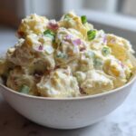 A close-up of a bowl filled with Creamiest Potato Salad, featuring creamy dressing, potatoes, red onion, and green onion garnish.