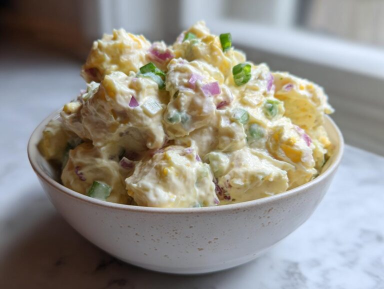 A close-up of a bowl filled with Creamiest Potato Salad, featuring creamy dressing, potatoes, red onion, and green onion garnish.