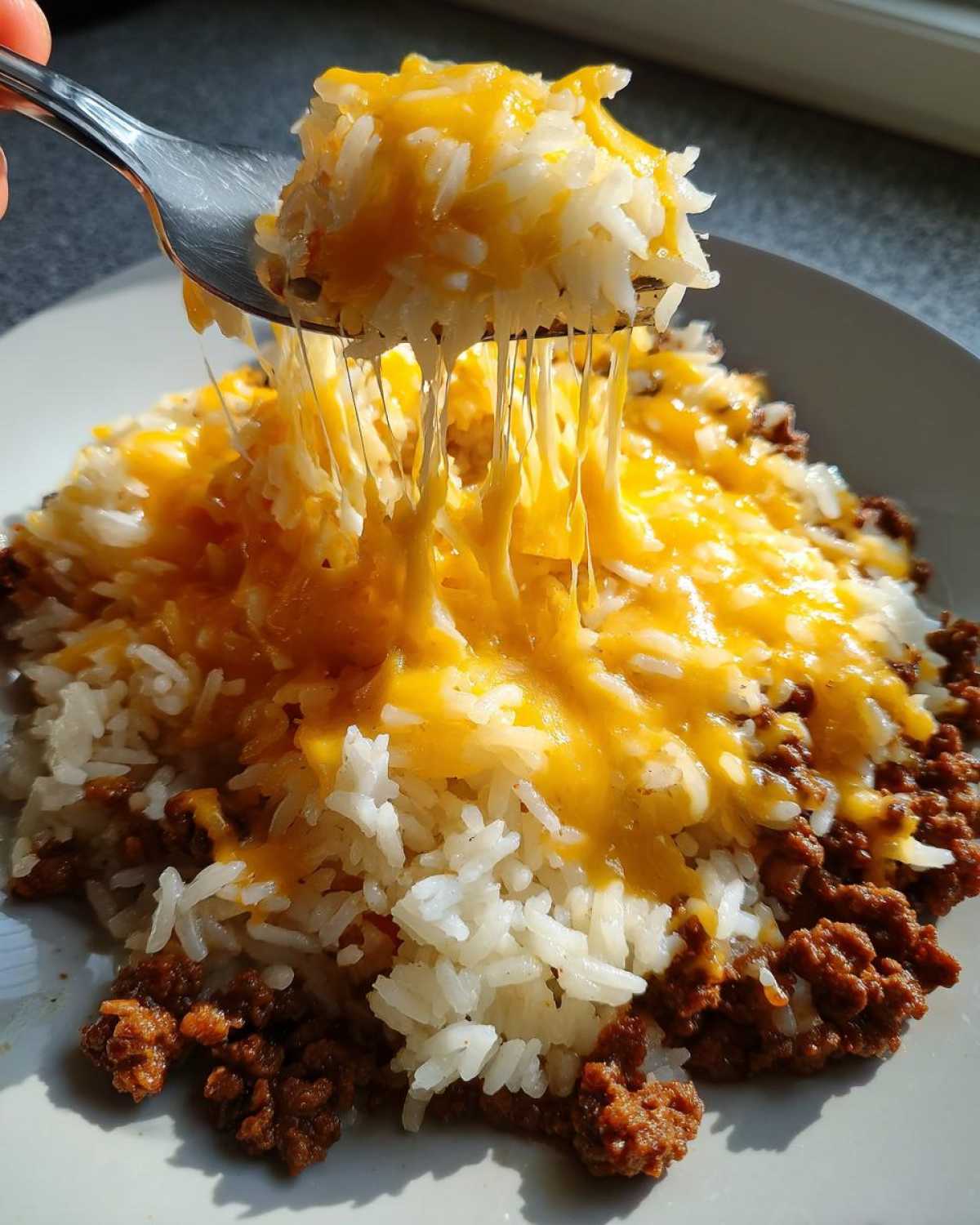 A fork lifts a bite of Cheesy Beef Rice Garlic Butter, showing long, stretchy strings of melted cheddar cheese.