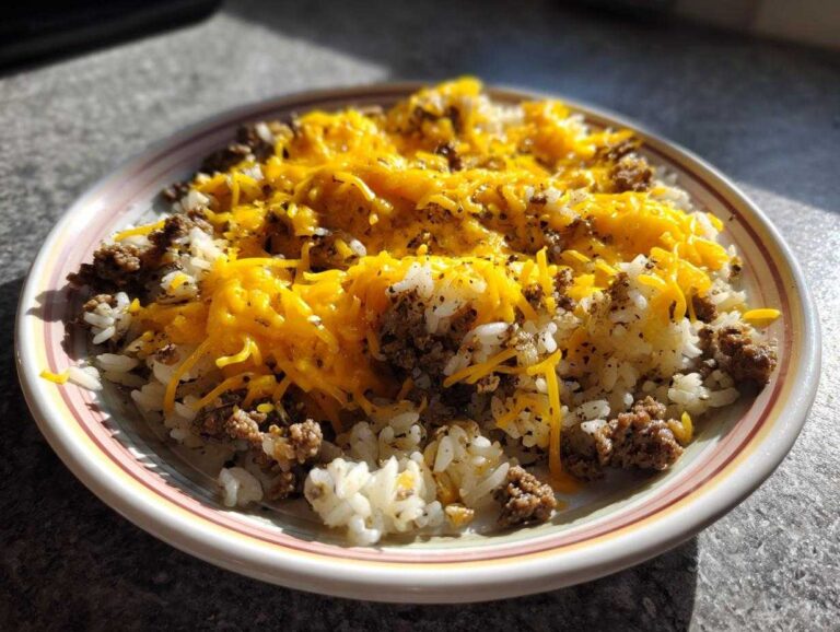 A plate of Cheesy Beef Rice Garlic Butter topped with melted cheddar cheese.