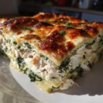A thick slice of Cheesy Chicken Lasagna Spinach showing layers of pasta, shredded chicken, and creamy spinach filling, topped with melted, browned cheese.