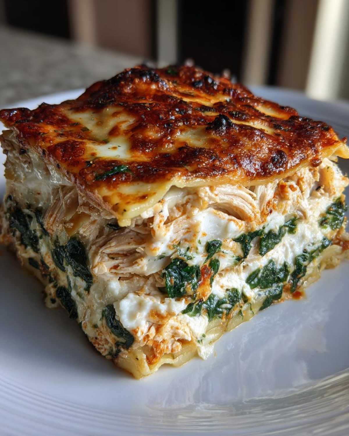 A thick, layered slice of Cheesy Chicken Lasagna Spinach with a deeply browned, bubbly cheese top.