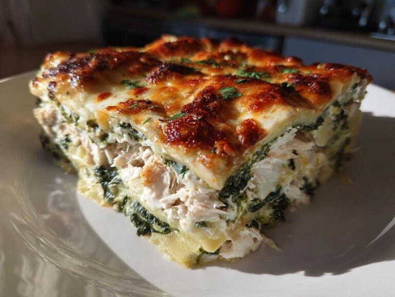 A thick slice of Cheesy Chicken Lasagna Spinach showing layers of pasta, shredded chicken, and creamy spinach filling, topped with melted, browned cheese.