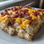 A generous serving of Cheesy Crack Chicken, showing shredded chicken topped with melted cheddar cheese and crispy bacon bits.