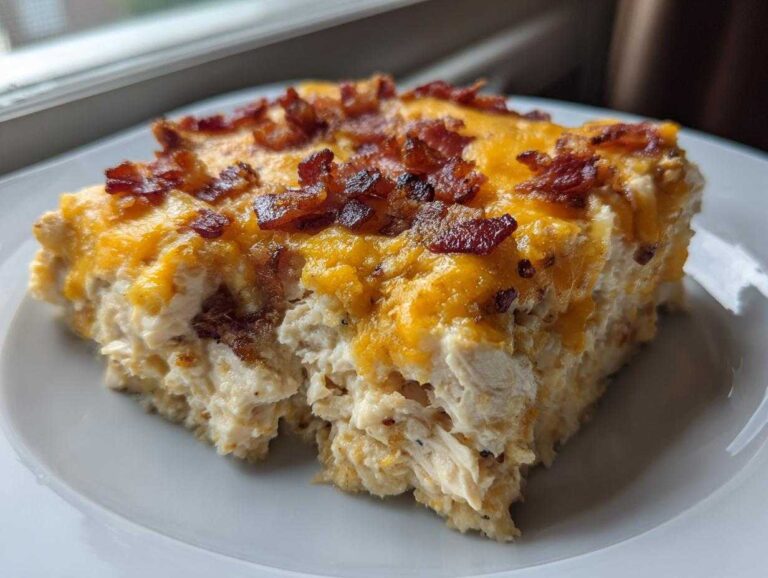 A generous serving of Cheesy Crack Chicken, showing shredded chicken topped with melted cheddar cheese and crispy bacon bits.