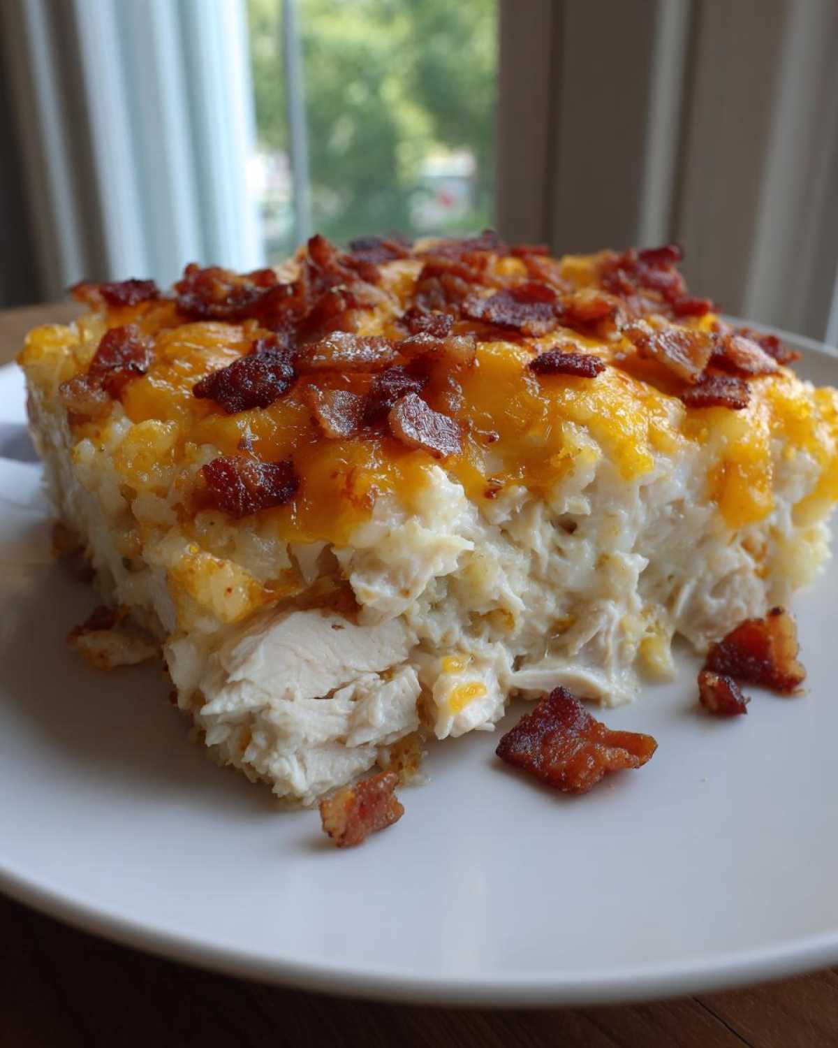 A square serving of Cheesy Crack Chicken casserole topped with melted cheddar and crispy bacon bits on a white plate.