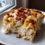 A close-up serving of Cheesy Crack Chicken showing shredded chicken mixed with melted cheese and topped with crispy bacon bits.