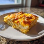 A square serving of Cheesy Egg Casserole with a bubbly, golden-brown cheese topping, served on a white plate.