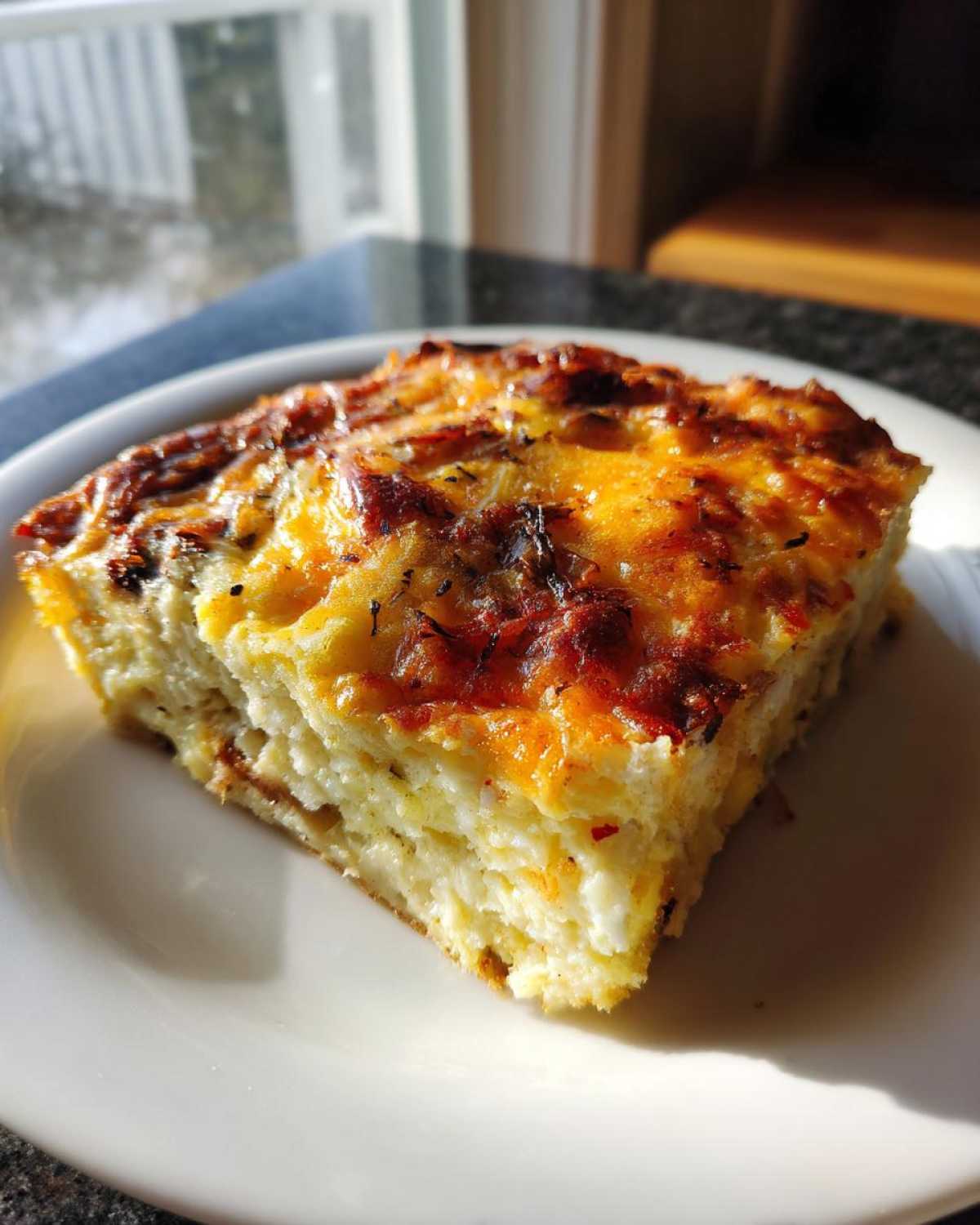 A square slice of fluffy Cheesy Egg Casserole with a deeply browned, bubbly cheese topping, served on a white plate.
