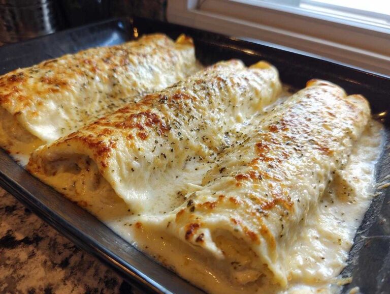 Close-up of three baked Chicken Manicotti Alfredo rolls covered in bubbly, golden-brown cheese sauce.